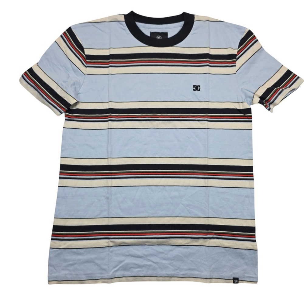 DC Shoes Mens XS Striped Short Sleeve T-Shirt Light Blue Black Red Skate Tee